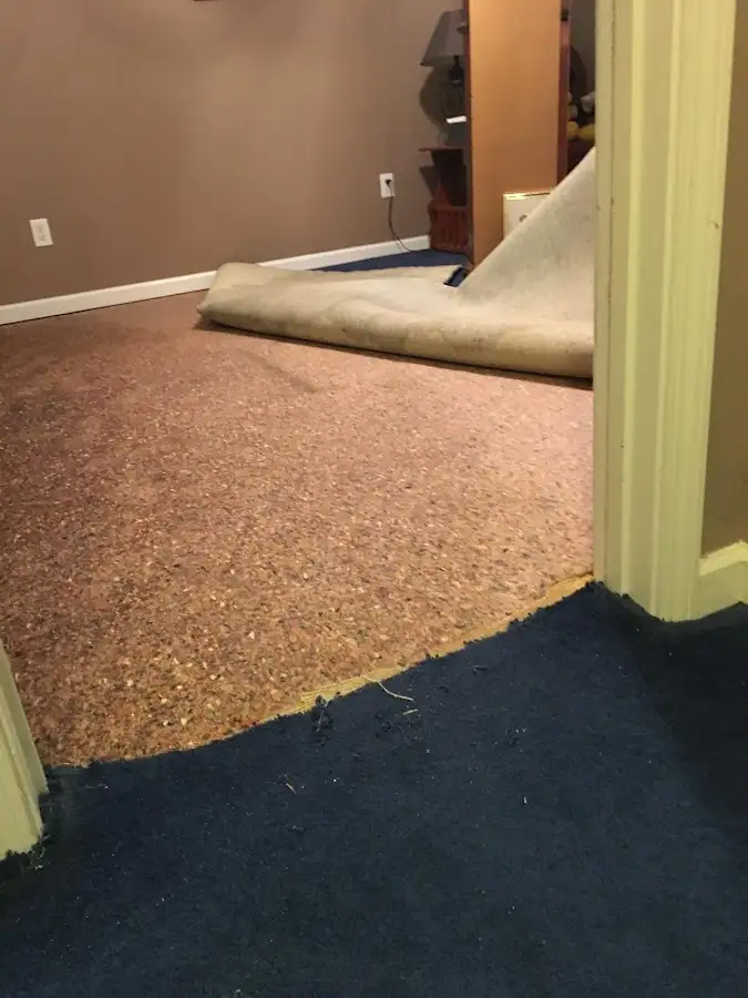 Carpet pad removal revealing water damage during Water Mitigation Services in Fort Payne